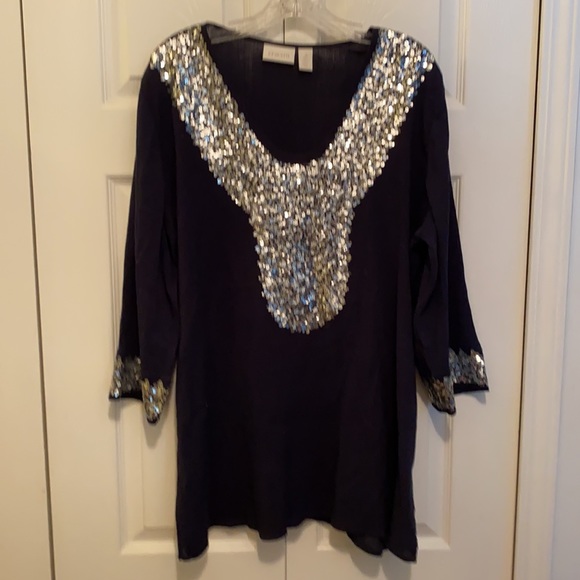 CHICO’S Navy Top Trimmed w/ Sequins, NWO Tags,  XL - Picture 2 of 10